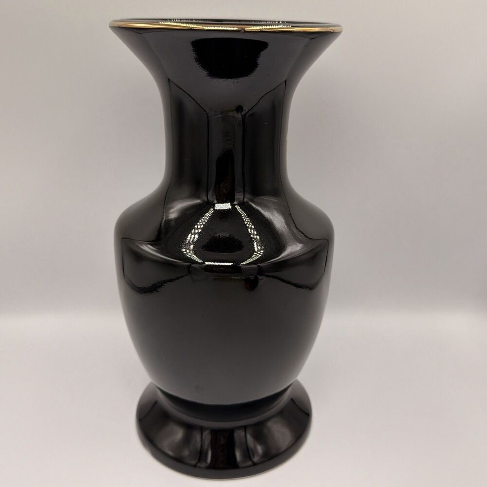Vintage Japanese Black Peacock Floral Vase 11” Gold Trim Hand Decorated Japan - Picture 6 of 14